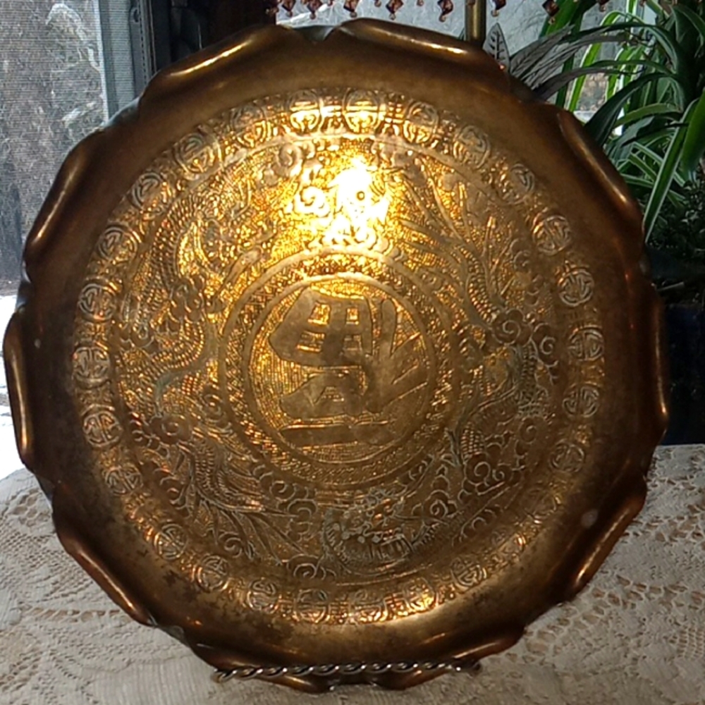 Vintage Hong Kong dragon brass Decorative tray